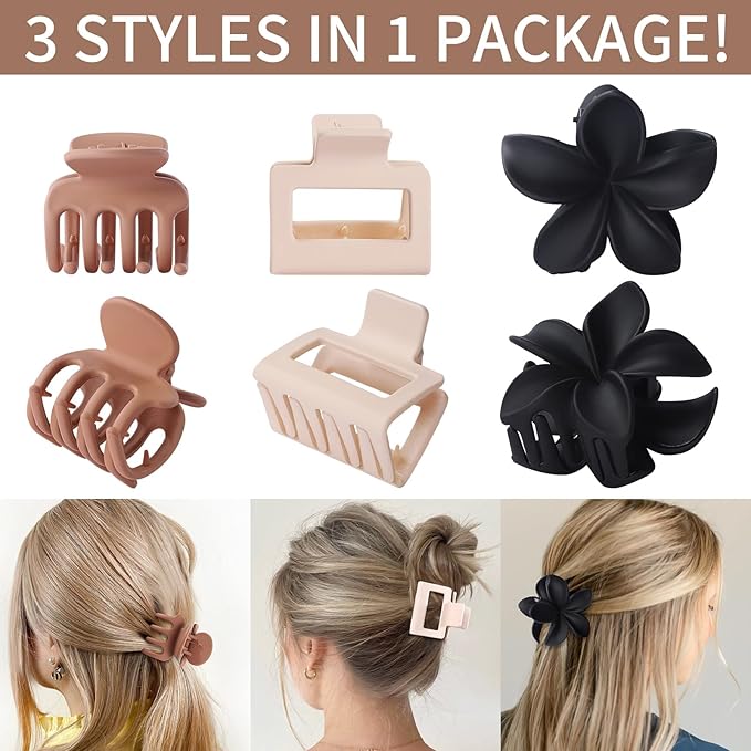 3 Styles Medium Hair Clips for Women 9 Pcs Small Claw Clips for Thin Hair Flower Hair Clips for Thick Hair Square Hair Claw Clips for Girls Hawaiian Plumeria Hair Accessories for Women (Brown)