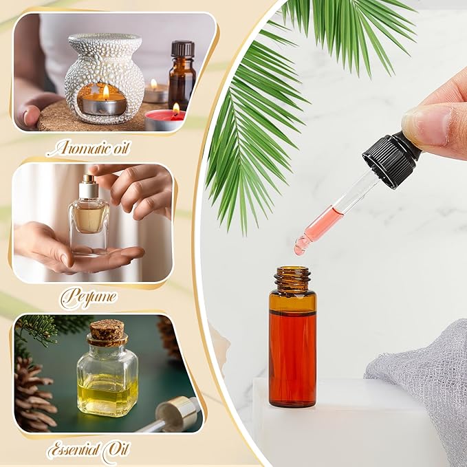 200 Pcs Mini Glass Oil Dropper Bottle Bulk, Clear Essential Small Empty Bottles Sample Containers Perfume Liquid Vials with Cap for Traveling (5 ml,Amber)