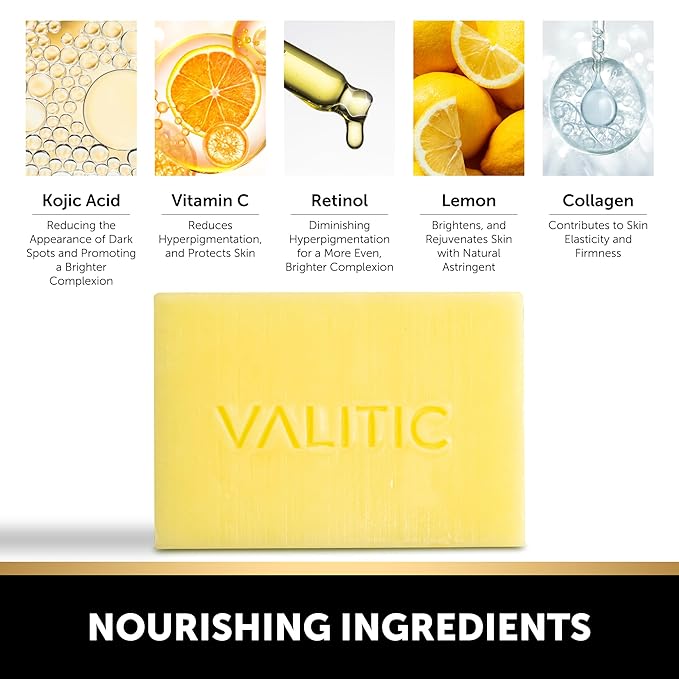 VALITIC Brightening Lemon & Turmeric Kojic Acid Soap, Vitamin C, Retinol - Original Japanese Complex with Hyaluronic Acid, Vitamin E, Shea Butter, Castile Olive Oil - 3 Pack Bundle with African Net