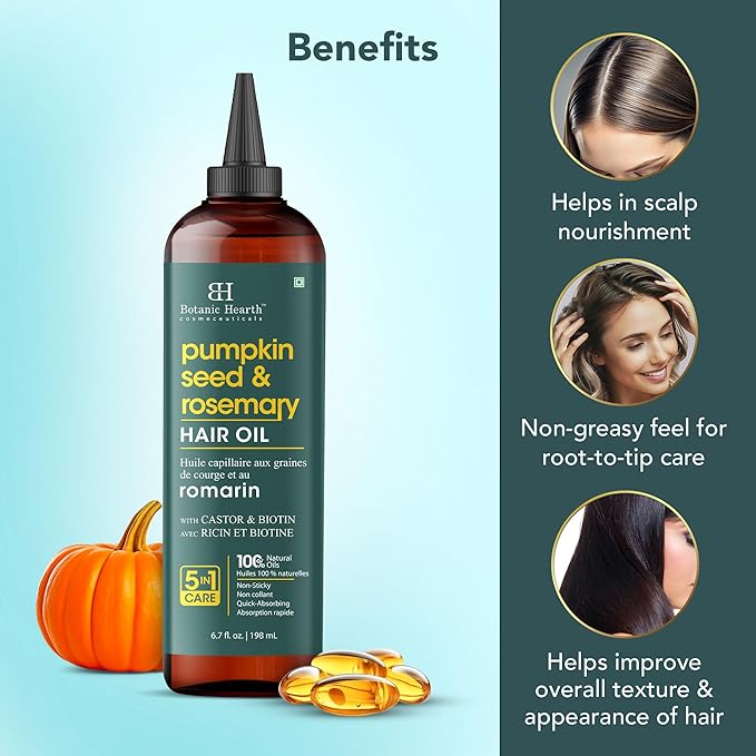 Botanic Hearth Hair Oil for Hair Growth | Strengthening Dry, Frizzy, Damaged Hair & Scalp Treatment | No Parabens or Harmful Sulfates | All Hair Types | Rosemary & Pumpkin Hair Oil - 6.7 Fl Oz