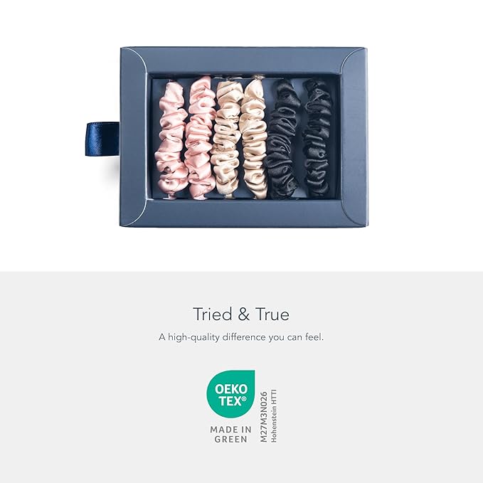 Fishers Finery 25 Momme Pure Mulberry Silk Skinny Scrunchies | Hair Tie Set for Thin Hair (Black|Pink|Champagne- 6 Pk)
