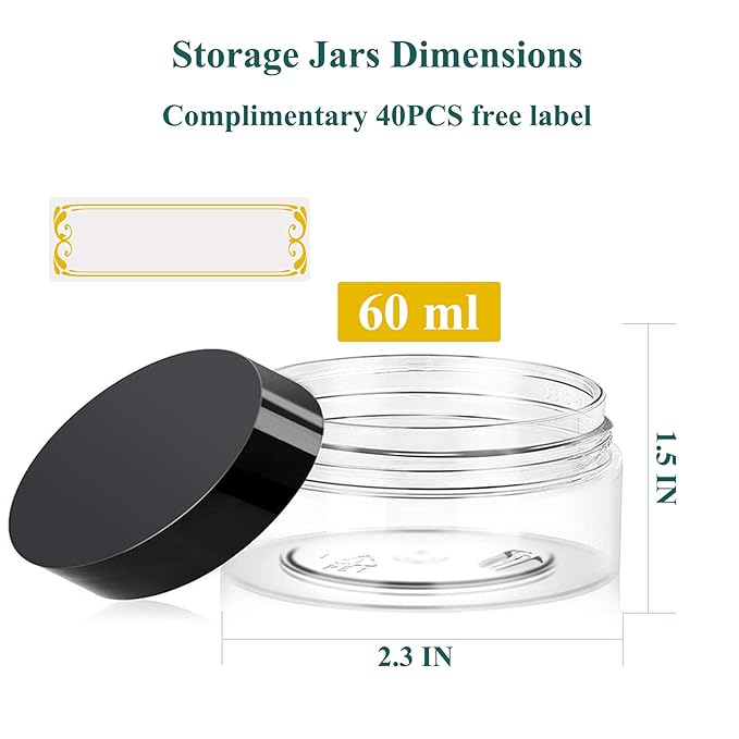 2oz Plastic Jars with Lids 36PCS Small Cosmetic Slime Containers Clear Travel Round Jars Empty Sample Containers Leak Proof Pot Jars with Black Lids for Lotion and Cream Acrylic Powder