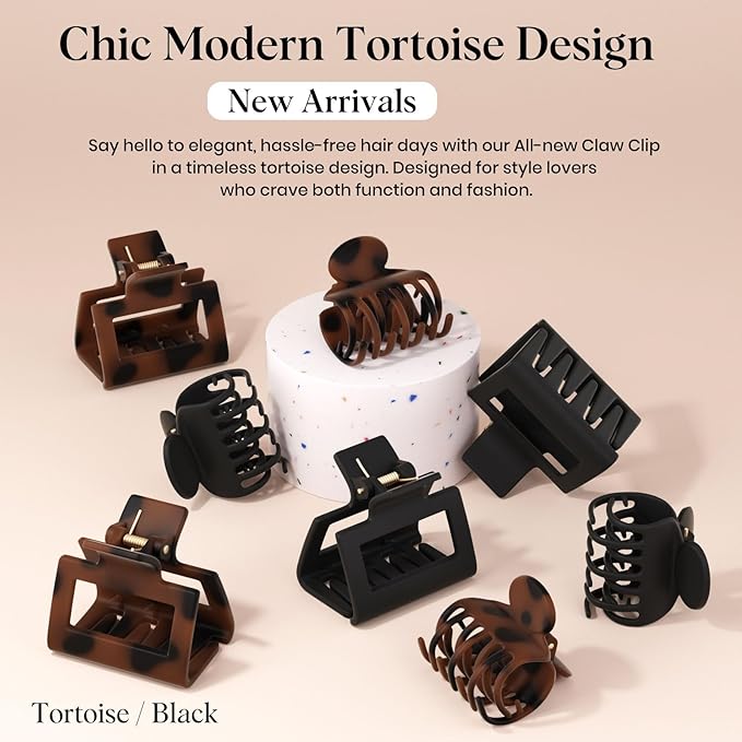 8 Pcs Medium Hair Clips for Women Girls - 2 Styles Rectangle and Double Row Teeth Small Claw Clips for Thin Thick Hair, Matte Non-slip Strong Hold Jaw Clips Hair Accessories, Tortoise & Black