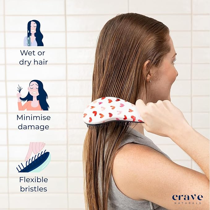 Crave Naturals Glide Thru Hair Brush - Detangler Brush for Curly, Straight, Wet or Dry Hair - Gentle Detangling Brusheses for Adults, Kids, Toddlers - Hair Accessories for Women, 7.5"x3" - Pink Hearts