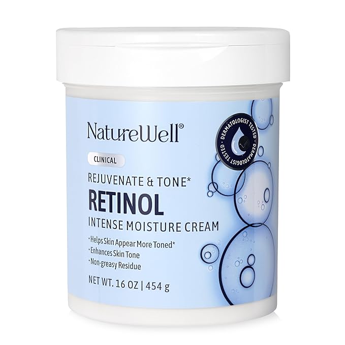 NATURE WELL Clinical Rejuvenate & Tone Retinol Intense Moisture Cream for Face, Body, & Hands, Anti-Aging, Targets Discoloration, Wrinkles, Sun Damage, Crepey, & Sagging Skin, 16 Oz