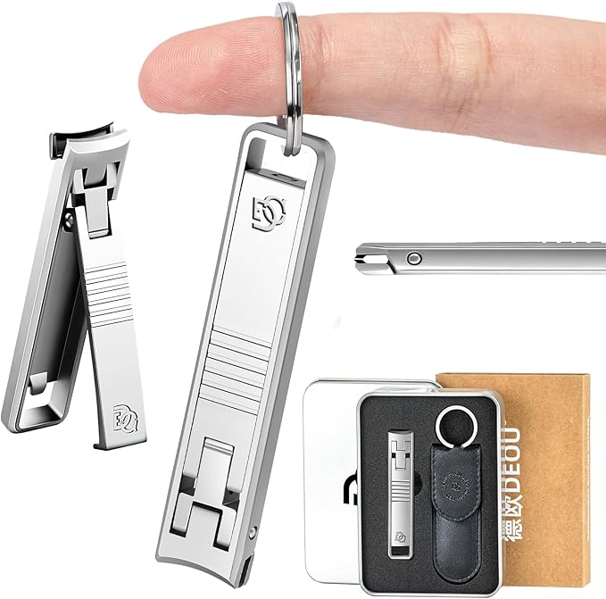 DEOU Folding Ultra-Thin Nail Clippers, Anti-Splash Mini Stainless Steel Manicure Tool, take with You When Traveling, own Nail File, Men's and Women's Gifts (Portable Nail Clippers + Leather case)