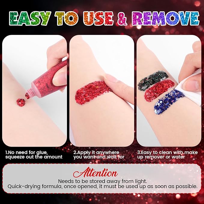 AROIC Face Glitter, 14Pcs Body & Hair Glitter Gel Sparkle Makeup for Women Party Rave Outfits, Concerts Festival Face Paint，Rave Accessories for Music Festivals Black Light Party (7 Colors)