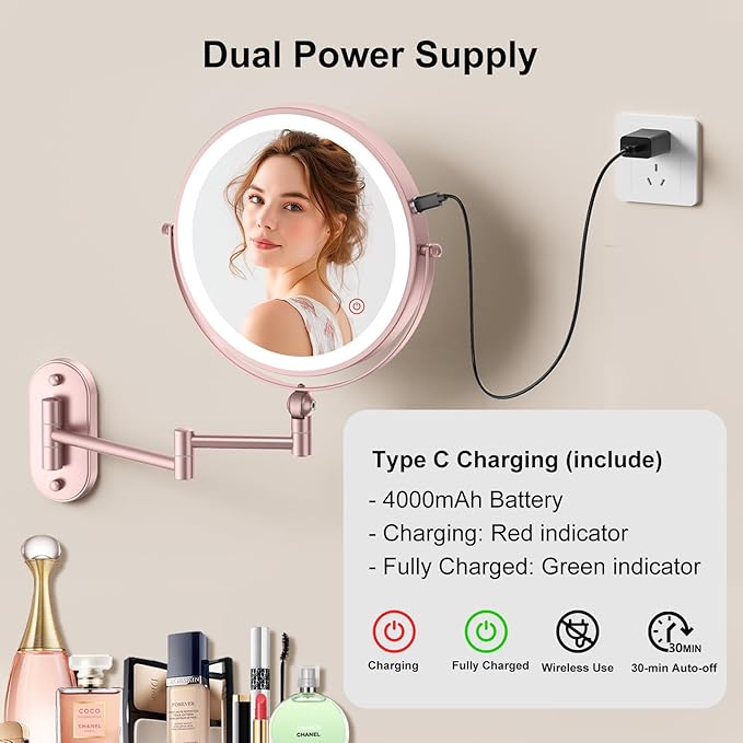 9" Wall Mounted Lighted Makeup Mirror,4000mAh Rechargeable Double Sided 1X/10X Magnifying Mirror with Light,3 Color Lights,Touch Dimmable,Extended Arm 360 Rotation Wall Mounted Makeup Mirror