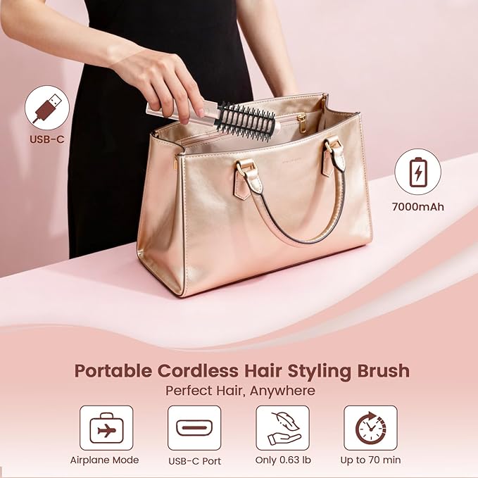 Youbella Cordless Hair Curling Iron Brush, Portable Travel Hair Curler, Mini 1.5″ Heated Round Brush, 3-in-1 USB Rechargeable Straightening Wand for Styling & Smoothing, 200 Million Ionic Care, Pink