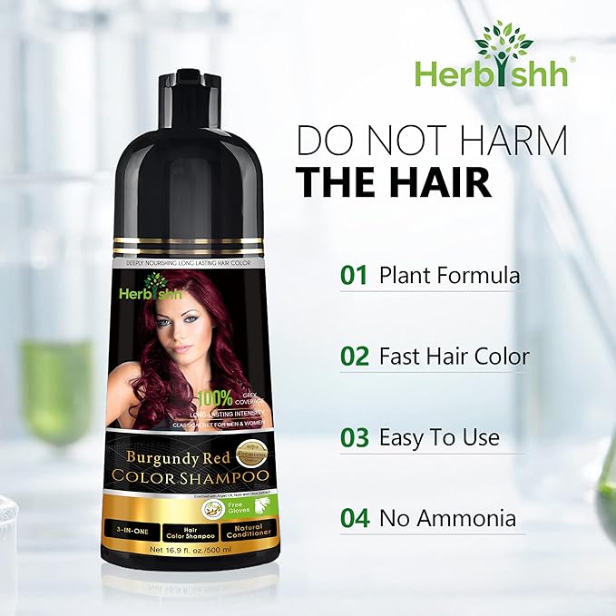 Herbishh Burgundy 3-In-1 Hair Color Shampoo for Gray Hair Magic Hair Dye Shampoo Colors Hair in MinutesLong Lasting500 MlAmmonia-Free