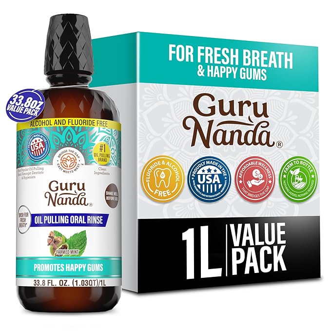 GuruNanda CocoMint Oil Pulling Mouthwash for Complete Oral Hygiene, 7 Essential Oils & Vitamins for Happy Teeth & Gums & Fresh Breath, Alcohol-Free, 33.8 Fl Oz/1L