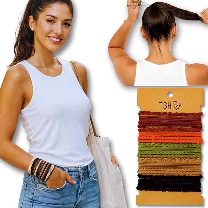 Boho Hair Ties, 20-Pack (4 Styles) Cute Elastic Bands for Thick or Thin Hair, No-Damage Stretch Bracelets, Brown Hair Accessories for Women & Girls (Ocean Parade)