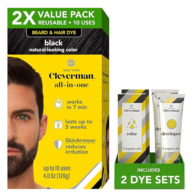 2X Pack Cleverman Hair & Beard Dye Kit for Men, All-in-One Reusable Mens Hair Color, Natural Gray Coverage, Ammonia-Free Beard Mustache Dye for Men (Black)