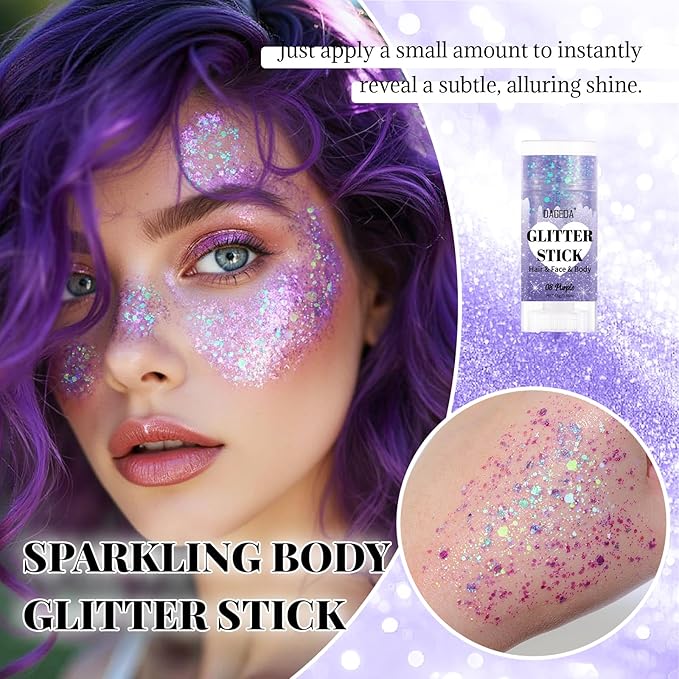 DAGEDA Purple Body Glitter Stick,Sparkly Face Glitter Makeup,Holographic Hair Glitters Mermaid Makeup Rave Outfits for Women, Shimmer Face Paint Stick Singer Concert Accessories