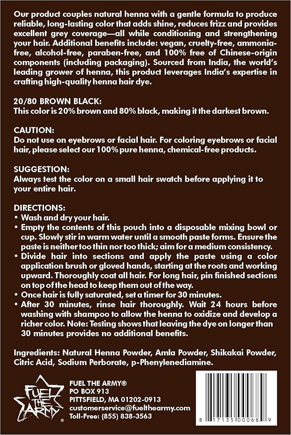 FUEL THE ARMY® 80% Natural Hair Dye 100 Grams (Darkest Brown)