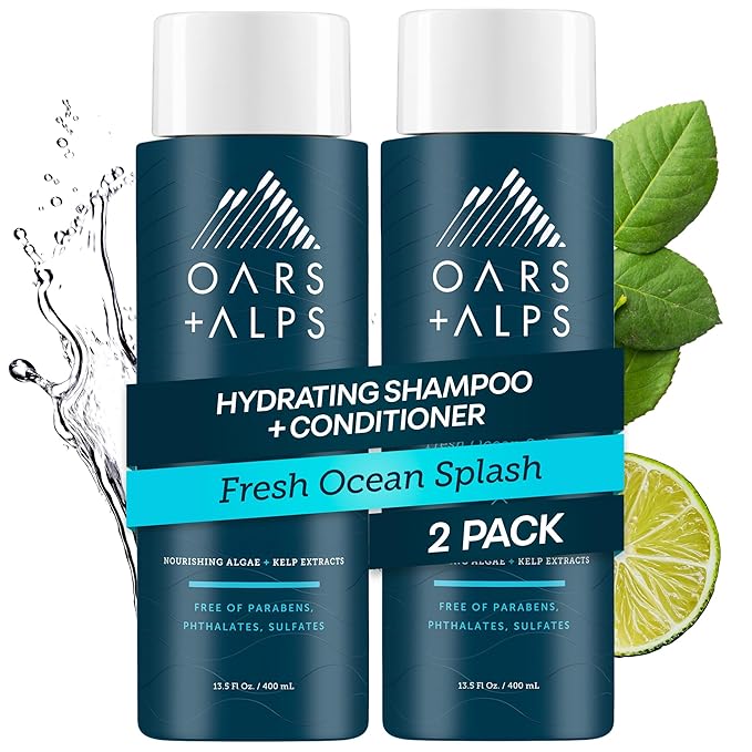 Oars + Alps Men's Sulfate Free Hair Shampoo and Conditioner Set for Men & Women, Infused with Kelp & Algae Extracts, Nourishing & Moisturizing, Paraben Free, Fresh Ocean Splash Scent, 2pk, 13.5oz