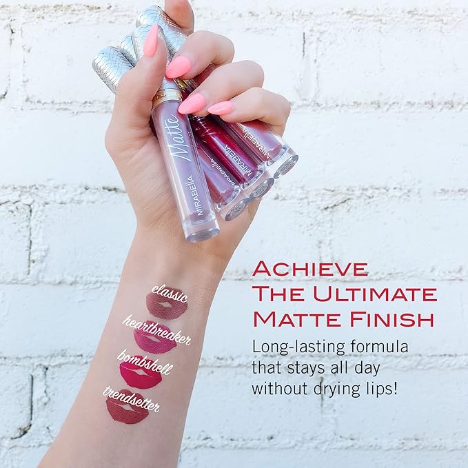 Mirabella - Luxe Advanced Formula Matte Lip Gloss, Long-Wear Full-Coverage Lip Gloss That Won’t Dry or Crack Lips, Liquid Lipstick Alternative, No Smudging or Feathering, Bombshell