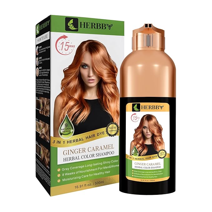 HERBBY Hair Color Shampoo for Gray Hair Coverage&Color Transform with 9 Herbal Extracts –Long Lasting(6-8 Weeks),Shiny,Evenly Colored,Instant Hair Dye Shampoo&Conditioner,500 Ml (GINGER CARAMEL COLOR)