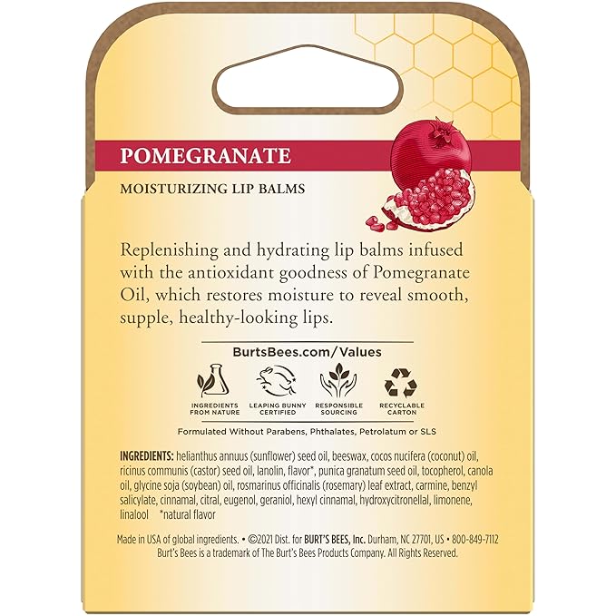 Burt's Bees Lip Balm - Pomegranate, Lip Moisturizer With Responsibly Sourced Beeswax, Tint-Free, Natural Origin Conditioning Treatment, 4 Tubes, 0.15 oz.