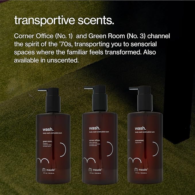 Maude Wash pH Balanced Moisturizing Body Wash & Bubble Bath - Unisex Sandalwood & Eucalyptus Shower Gel With Vitamin C - Full Body Skin Care Products & Bathtub Accessories - No.3 Green Room (12 fl oz)