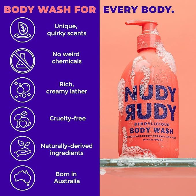 Nudy Rudy Berrylicious 2 Pack, Liquid Body Wash Bundle with Bonus Soap Bar, Aloe Vera and Vitamin E, Moisturizing Shower Gel, Body Wash and Bar Soap for Men and Women 16.9 fl oz and 4.2 oz