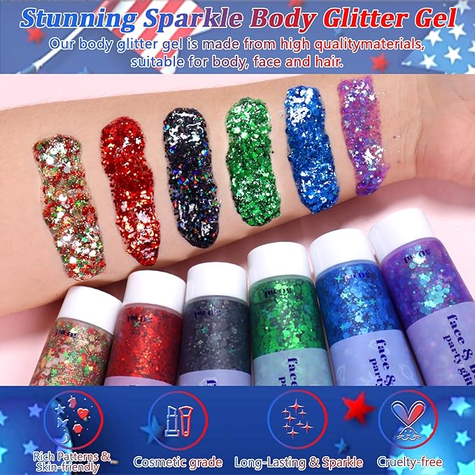 Boko Independence Day Body Glitter Gel, 50ML Red White Blue Chunky Glitter Gel for Face Hair Body Makeup, Patriotic Glitter for 4th of July Memorial Day Veterans Day Flag Party Event Rave Accessories