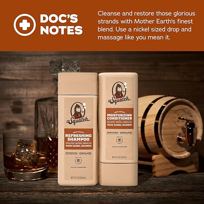 Dr. Squatch Natural Hair Bundle for Men - Healthy, Full Looking Hair - Wood Barrel Bourbon Shampoo (11 fl oz), Wood Barrel Bourbon Conditioner (11 fl oz)