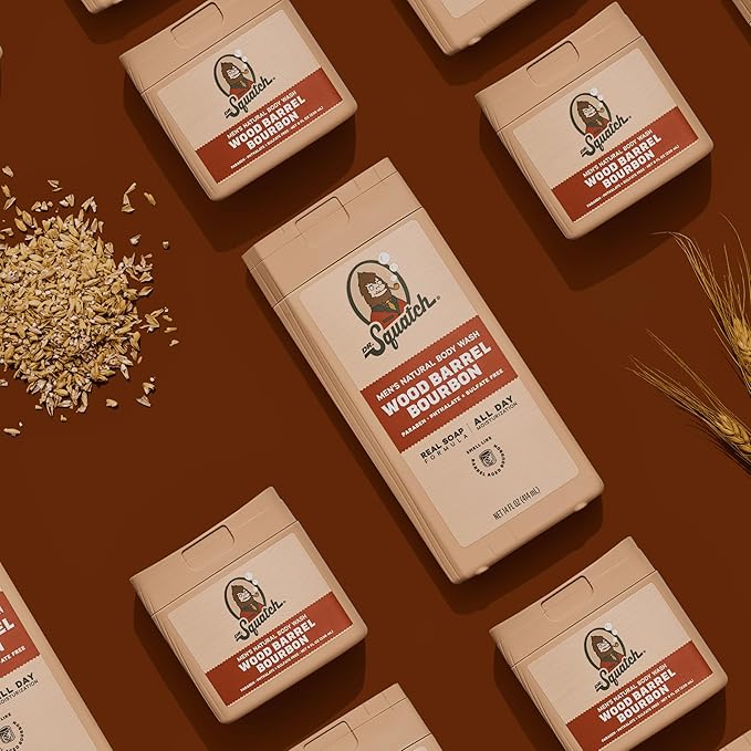 Dr. Squatch NEW Body Wash for Men with Nourishing, Natural Ingredients | No Paraben, Phthalate, Sulfate | Wood Barrel Bourbon (14 oz), Coconut Castaway & Pine Tar (8 oz, 2-Pack) & Body Scrubber