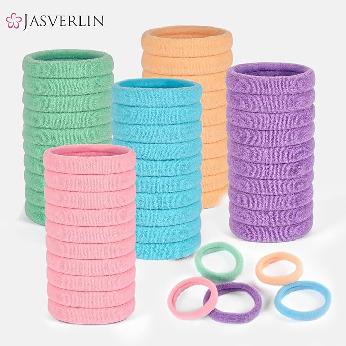 Soft Hair Ties - Seamless Cotton Elastic Bands for Women Girls, No Damage Ponytail Holders Small Scrunchies for Thick Curly Thin Hair Assorted 1.5 inch 100 Pcs (Baby Color)