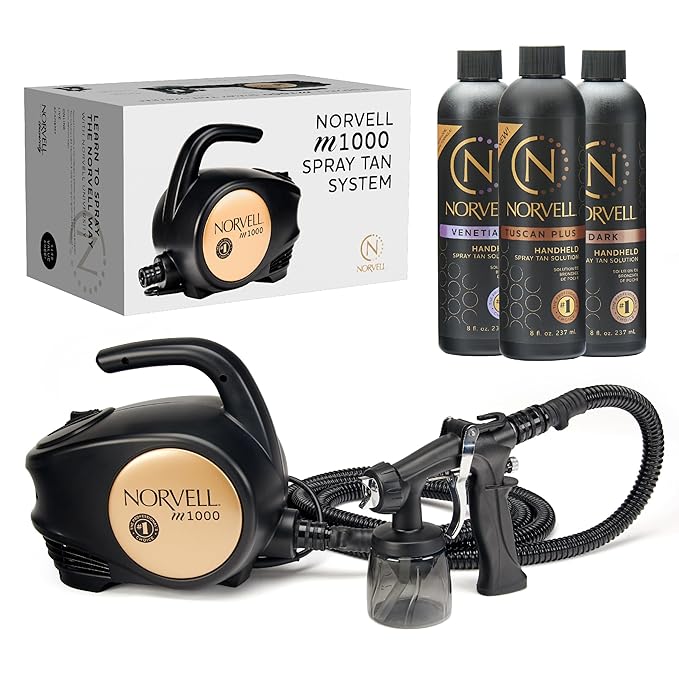 Norvell Sunless M1000 HVLP Spray Tan Machine Kit with 8 oz Tuscan Plus, Venetian & Dark Solutions – Professional Airbrush Tanning System with Training Program by Norvell