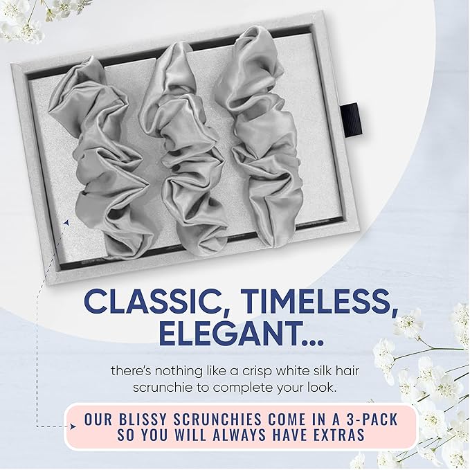 Blissy Silk Scrunchies (3 Pack) - 100% Pure Mulberry Silk - 22 Momme 6A High-Grade Fibers Scrunchie for Straight & Curly Hair - Preventing Breakage, Tangling, & Creasing (Silver Regular)