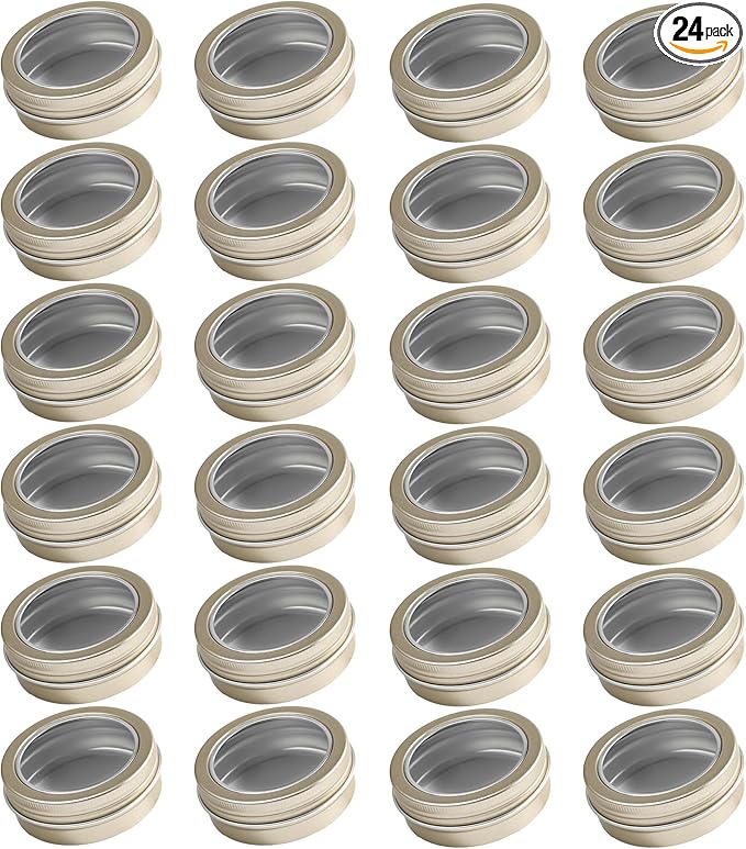 24 Pack 2 Ounce Screw Top Aluminum Tin Jar with Screw Clear Lid and Blank Labels, Refillable 60ml Metal Containers for Lip Balms, Candles, Salves, Spices, Crafts (Champagne)