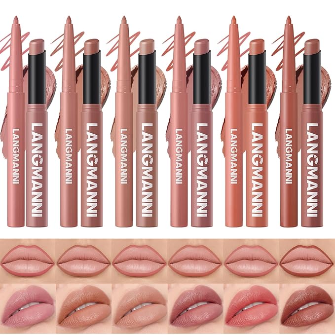 Jolilab 12Pcs Lip Set: 6 Colors Lip Liner+6 Colors Lipstick,Matte/Creamy,Smooth Creamy Texture,Long-Lasting,Bold/Nude Shades for Daily/Party,Vegan,Gift for Makeup Lovers.(Nude - Toned Set A)