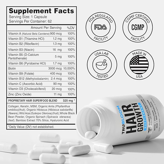 Tru Bloom Hair Growth Vitamins - 2 Month Supply. Clinically Proven to Grow Fuller, Thicker Hair. Drug-Free with Biotin, Collagen, Keratin, MSM, Zinc, D3 + Hair Superfoods