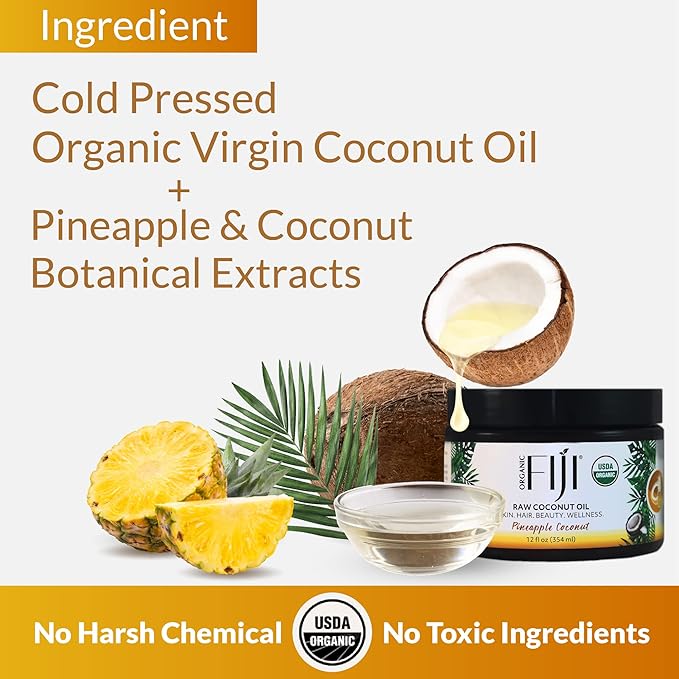 Organic Fiji Raw Cold Pressed Coconut Oil for Hair, Skin, Face & Body | Relaxing Massage Oil | Pineapple Coconut,12 oz for Women Men & Baby