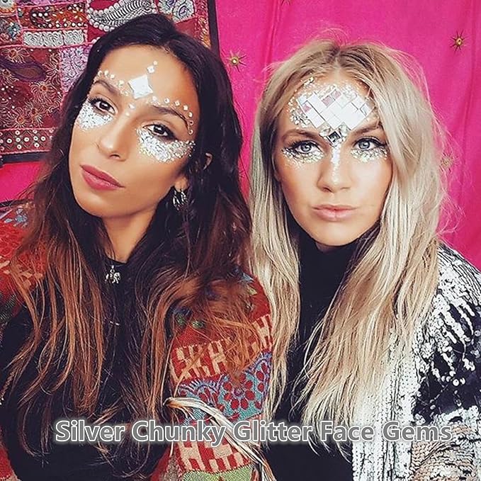 Go Ho White Pink and Silver Face Body Glitter Gel Set,Mermaid Face Paint,Holographic Long Lasting Chunky Sequins Glitter Makeup for Singer Concerts,Halloween Festival Rave Accessories
