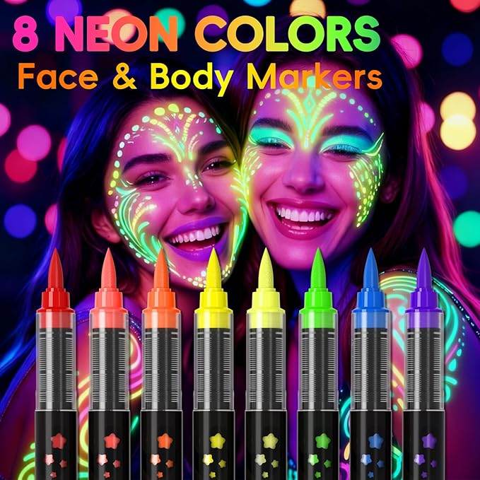 16-color luminous body painting, UV neon face painting pen, luminous face painting kit, washable skin tattoo pen, Halloween party makeup (16 colors)