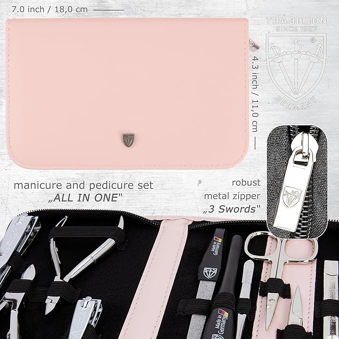 3 Swords Germany - brand quality 10 piece manicure pedicure grooming kit set for nail care scissors clipper pink synthetic leather case - Made by 3 Swords
