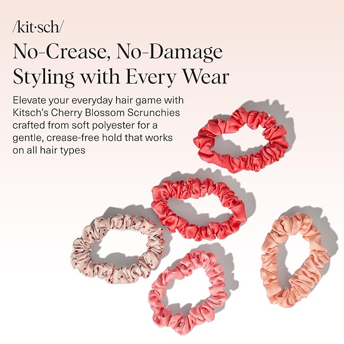 Kitsch Satin Scrunchies for Women - No Crease Hair Ties for Girls | Scrunchies For All Hair Types and Textures, Perfect for Day or Night | Ideal Gifts for Women - Assorted Cherry Blossom, 5pcs