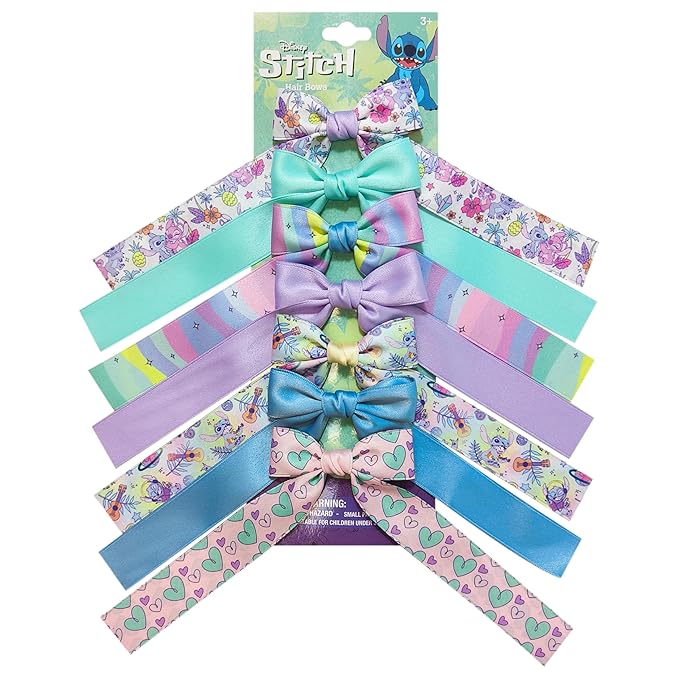 LUV HER Disney Lilo & Stitch Printed Long Tail Hair Bow Set for Girls - Printed Bows with Alligator Clips - Cute Hair Accessories for Kids Ages 3+