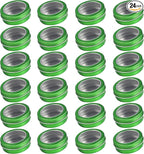 24 Pack 2 Ounce Screw Top Aluminum Tin Jar with Screw Clear Lid and Blank Labels, Refillable 60ml Metal Containers for Lip Balms, Candles, Salves, Spices, Crafts (Green)