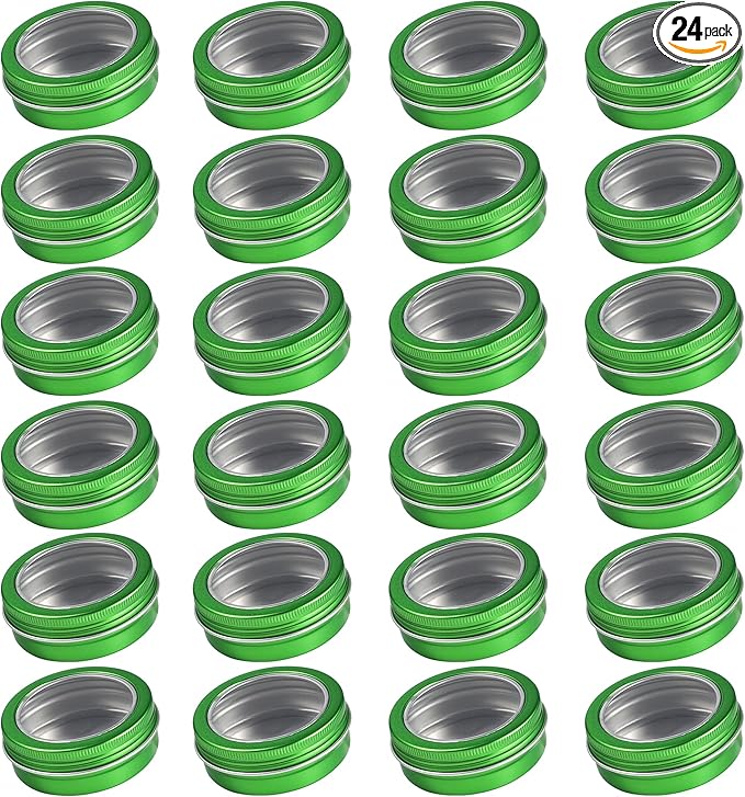 24 Pack 2 Ounce Screw Top Aluminum Tin Jar with Screw Clear Lid and Blank Labels, Refillable 60ml Metal Containers for Lip Balms, Candles, Salves, Spices, Crafts (Green)