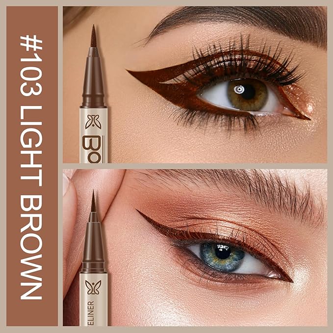 Boobeen 2pcs Liquid Eyeliner，Dual-Ended Eye Liner with Thick Tip and Precise Brush Tip，Waterproof Black Liquid Liner Pen，Matte Finish，All Day Wear，Smudge-proof,Brown