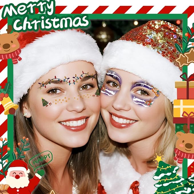 Christmas Eye Shadow Temporary Tattoos Stickers Face Makeup Patches, Xmas Tree Santa Claus Eyeliner Decals Fake Tattoos for Women Girls, Christmas Stocking Stuffers Party Supplies
