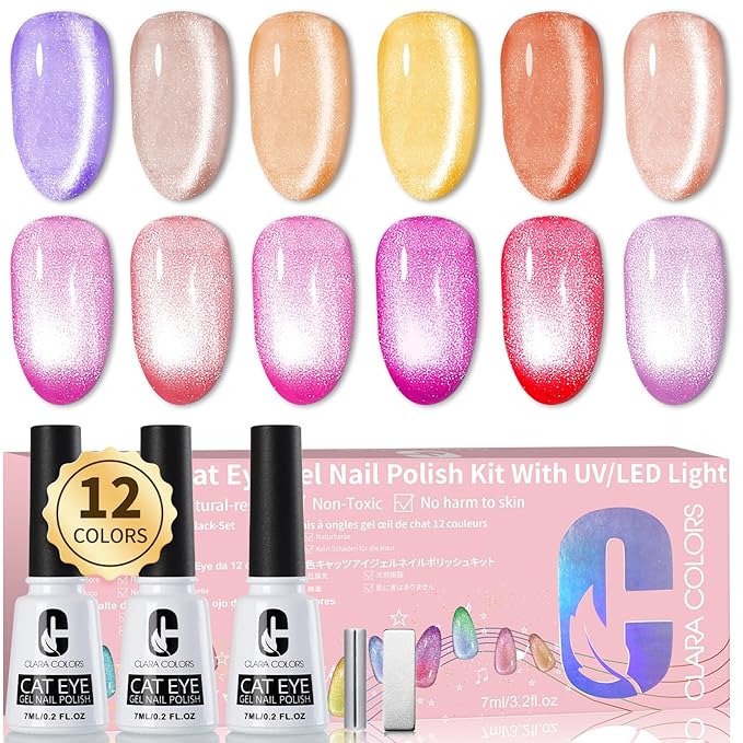 Clara Colors Magnetic Nail Polish, 12 Colors Pink Red Purple Brown Holographic Cat Eye Gel Nail Polish Set with Magnets Black White Base Top Coat Gel Soak Off Led Nail Art Manicure Salon DIY Gifts