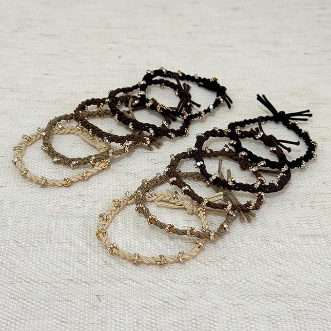 10pcs Braided Hair Ties with Gold & Crystal Beads, Elastic Hair Ties for Women, Neutral Colors