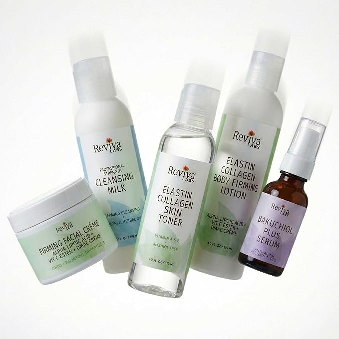 Reviva Labs Spa at Home – 5-Piece Skincare Gift Set for Women – featuring Gentle Facial Cleanser, Toner, Plumping Serum, Firming Cream & Collagen Body Lotion for Winter Skin Care