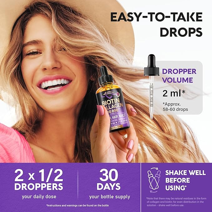 Liquid Biotin & Collagen 60,000 mcg - Vitamins for Hair Growth Support - Extra Strength Drops for Women & Men - Liquid Collagen Supplement - Strong Nails & Healthy Skin - Made in USA - 2 Fl Oz