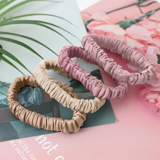8Pcs Mulberry Silk Scrunchies & Hair Ties - No Crease Skinny Scrunchies Elastic Set for Women All Hair Types, Reduces Breakage (Dusty Rose & Beige Palette)