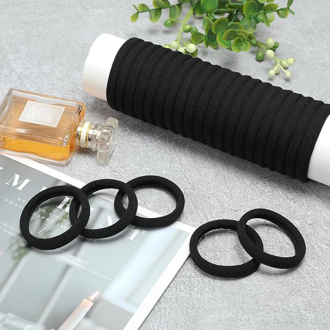 Hair Ties Black 100Count Extra Thick 5CM, Bulk Elastic Hair Bands for Thick Heavy Hair, Seamless Hair Accessories for Girls Women, Ponytail Holder (Black)